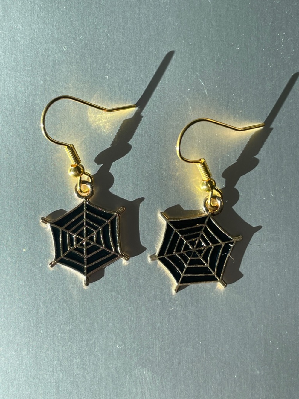 Gold Spider Web Drop Earrings - Black and Gold